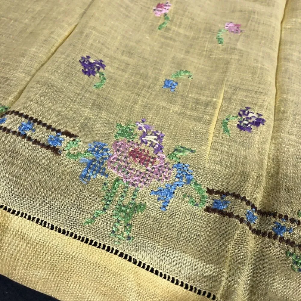 Vintage Tea Towel Yellow Cross Stitch Flowers Retro Shabby Chic Small Embroidery